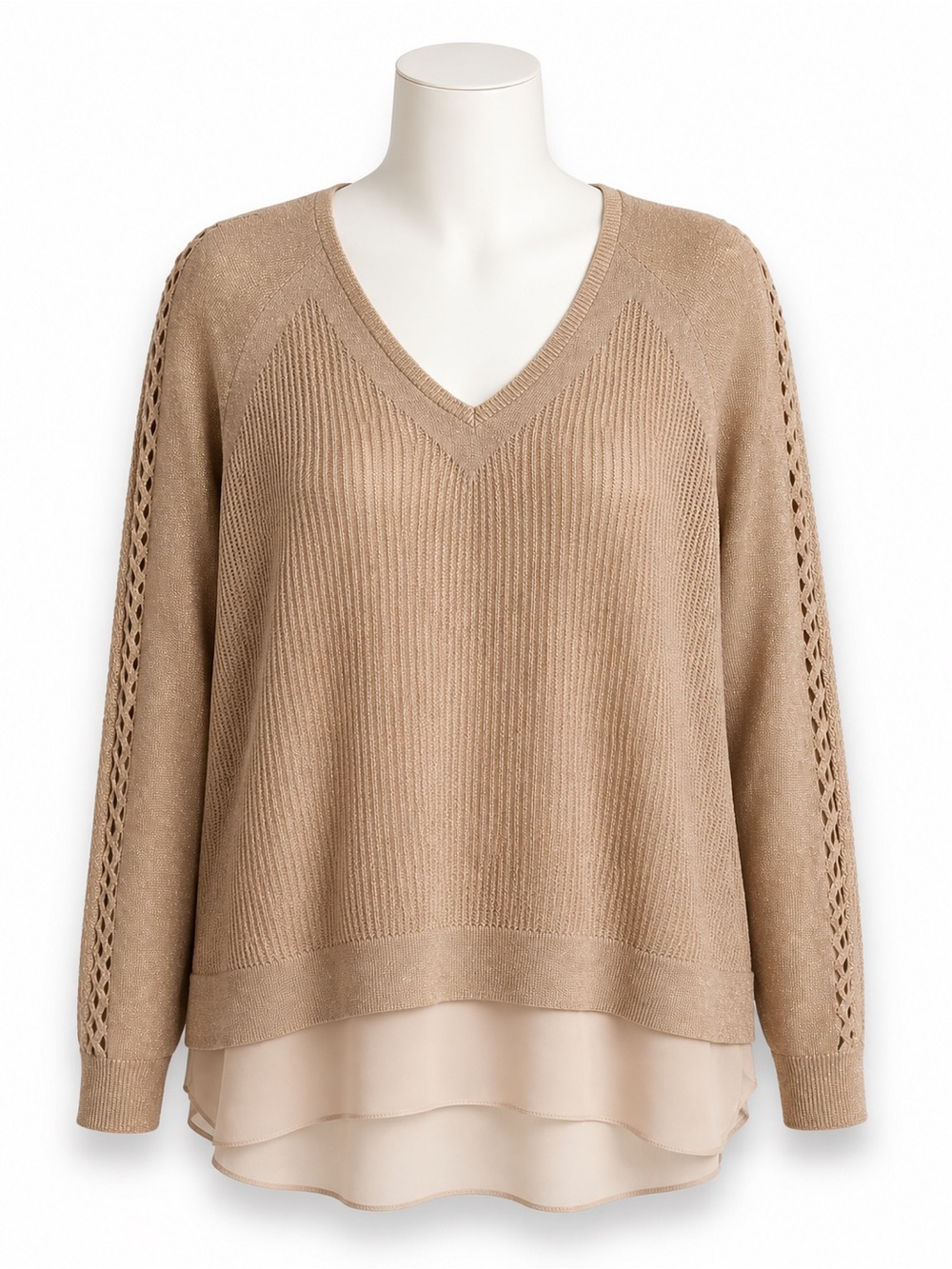 Lucky Brand Metallic Ribbed‎ Tan Neutral V-Neck Sweater in Champagne Size Large